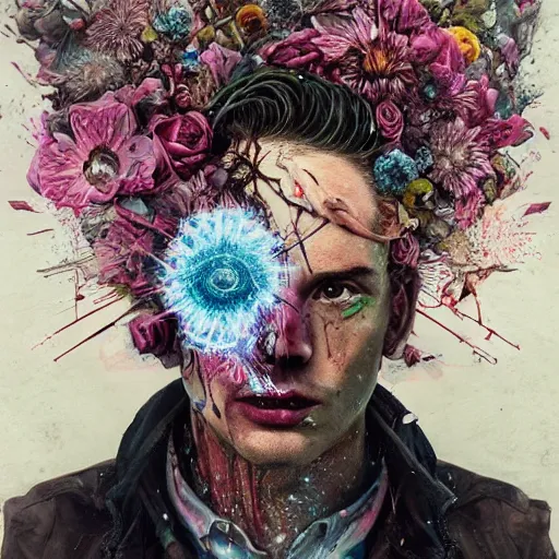 Image similar to art portrait of a man with flowers exploding out of head, cameras, decaying ,8k,by tristan eaton,Stanley Artgermm,Tom Bagshaw,Greg Rutkowski,Carne Griffiths, Ayami Kojima, Beksinski, Giger,trending on DeviantArt,face enhance,hyper detailed,minimalist,cybernetic, android, blade runner,full of colour,