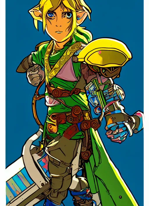 Prompt: solar punk link from zelda!! solar cyborg portrait illustration, pop art, splash painting, art by geof darrow, ashley wood, alphonse mucha, makoto shinkai