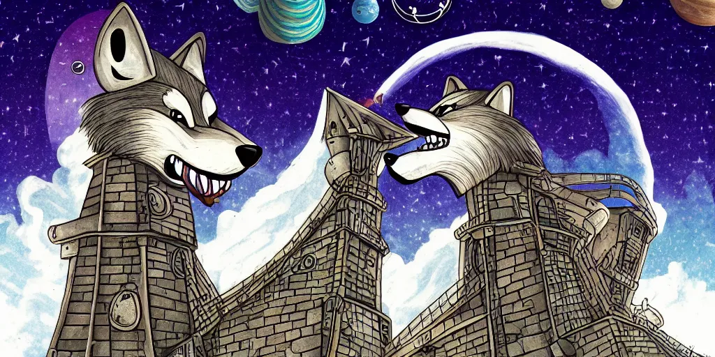 Prompt: anthropomorphic furry wolf inside a giant tower that tracks the stars and planets, illustration