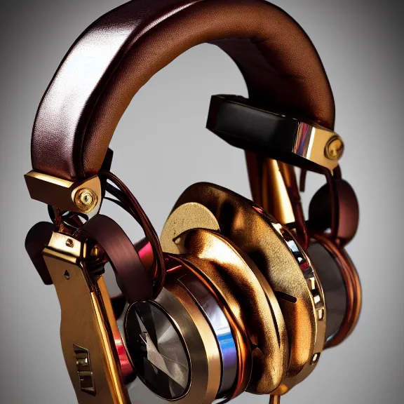 Image similar to masterpiece photo of beautiful crafted artistic bismuth metal headphones, bismuth rainbow metal, bismuth cups, leather padding, displayed on mahogany desk, modernist headphones, bismuth headphones beautiful well designed, hyperrealistic, audiophile, intricate hyper detail, extreme high quality, photographic, meze audio, sennheiser, hifiman, artstation, abyssal audio