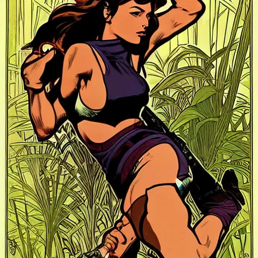 Prompt: lara croft. well composed, clean elegant painting, beautiful detailed face. comic book art by steve ditko and jack kirby and ( alphonse mucha )