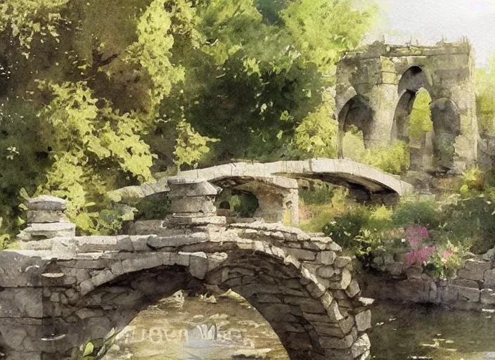 Image similar to watercolor of rustic stone bridge with mural, ivy, summer daylight, bright clear day, clouds, high detailed art by dennis miller bunker, work by anders zorn, wonderful masterpiece by greg rutkowski, beautiful cinematic light, american romanticism by greg manchess, creation by tyler edlin