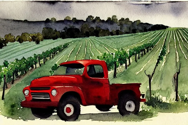 Image similar to dark cool watercolor painting of a vintage red truck in a vineyard by winslow homer