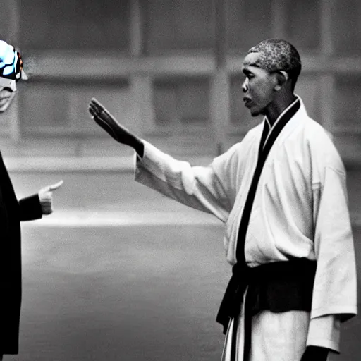 Image similar to Donald Trump versus Obama, kung fu fight, film still from the 36th Chamber of Shaolin