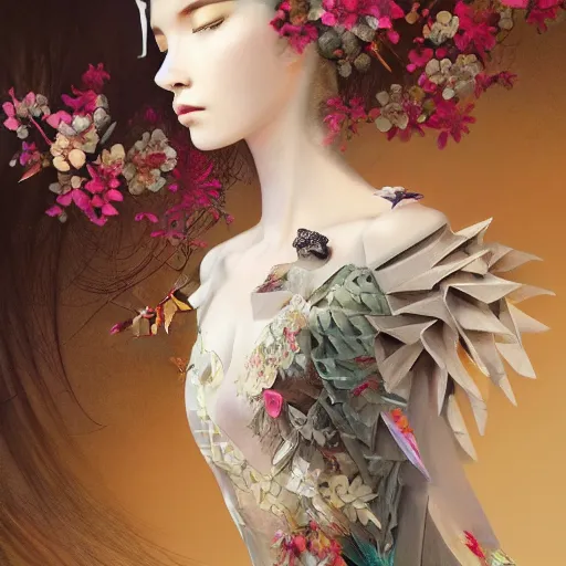 Image similar to 3 / 4 view of a beautiful girl wearing an origami dress, eye - level medium shot, fine floral ornaments in cloth and hair, hummingbirds, elegant, by eiko ishioka, givenchy, craig mullins, by peter mohrbacher, centered, fresh colors, origami, fashion, detailed illustration, vogue, high depth of field, japanese, reallusion character creator