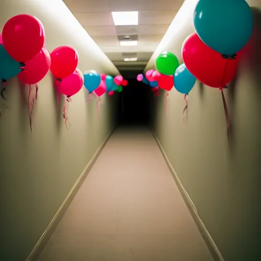 Image similar to flash photograph of a creepy narrow long hallway with several primary colored balloons floating, dark lighting, liminal space, horror scene