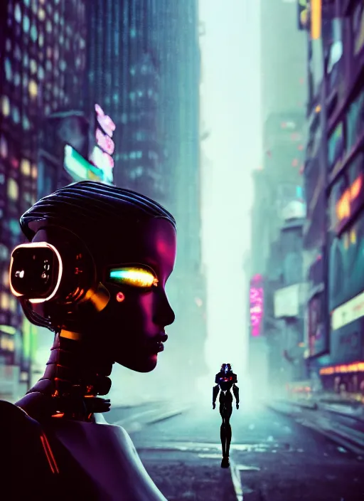 Image similar to cyberpunk,sci-fi, fantasy,Kodak Portra 400, 8K, soft light, volumetric lighting, highly detailed photo of a beautiful cyborg robot woman in a street of new york + face,night, fog, cyan lighting, intricate, elegant, highly detailed, digital painting, artstation, concept art, smooth, sharp focus, illustration,art by artgerm and greg rutkowski and alphonse mucha , sigma art 85mm F1.8