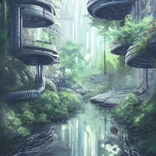 Image similar to Narrow cosy stream in beautiful overgrown futuristic sci-fi city in harmony with nature. Nice colour scheme, soft warm colour. Beautiful detailed watercolor by Lurid. (2022)