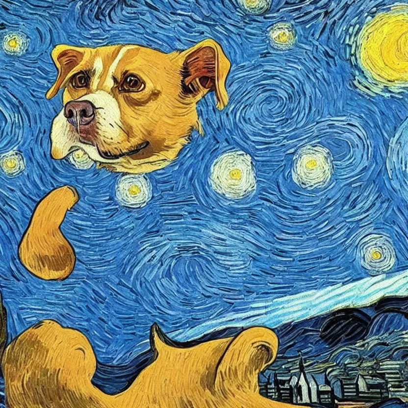 Image similar to An oil painting of a dog in the style of Starry Night; oil painting by Vincent van Gogh