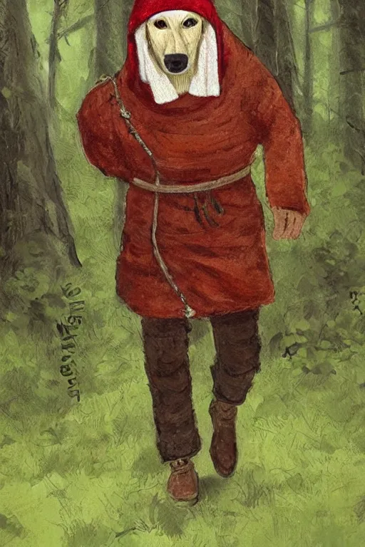 Image similar to slavic dog head man, woolen torso in medieval clothes, walking in the forest, orthodox saint christopher, art by whimmy, trending on artstation,