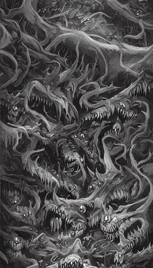 Image similar to a storm vortex made of many demonic eyes and teeth over a forest, by qian xuan