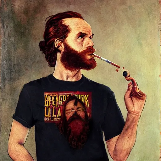 Prompt: portrait of a young man, long red beard, mid length red hair, receding hairline, wearing a punk rock t shirt, smoking a cigarette, painted by Norman Rockwell