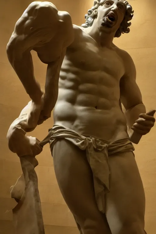 Prompt: Sam Hyde sculpted as a Greek God by Michaelangelo, sigma male, rule of thirds, award winning photo, unreal engine, studio lighting, set in Greek museum