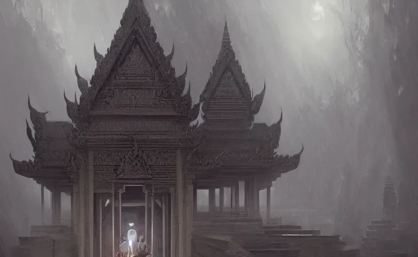 Prompt: dark khmer temple, soft grey and bluenatural light, intricate, digital painting, artstation, concept art, smooth, sharp focus, illustration, art by greg rutkowski and luis rollo and uang guangjian and gil elvgren, symmetry!