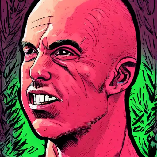 Prompt: by laurie greasley energetic. a beautiful painting of max brannings head. the head is bald & has a big nose. the eyes are wide open & have a crazy look. the mouth is open & has sharp teeth. the neck is long & thin.