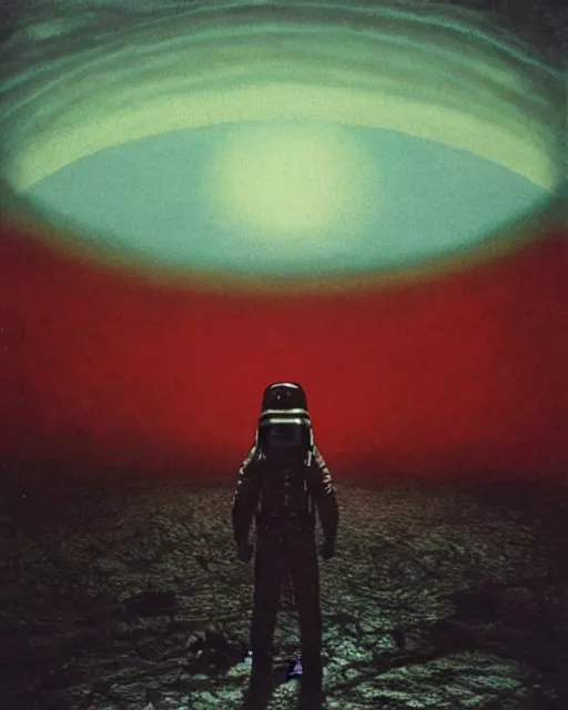 Prompt: ultra realistic, astronaut standing in front of an eerie hell cathedral on a destroyed planet in soace, there’s a large obsidian vortex in the sky in the art style of Zdzisław Beksiński, black and red background, occult, photo realistic, dark atmosphere, volumetric lighting