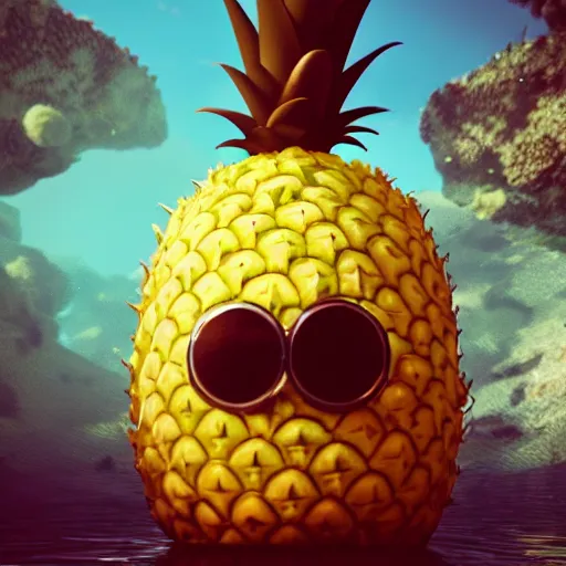 Prompt: a single delicious pineapple with two big eyes floating underwater, digital art, concept art, trending on DeviantArt, trending on Artstation, high quality, 8K HDR, octane render, unreal engine 5, path tracing, dramatic lighting, cinematic, highly detailed, medium shot