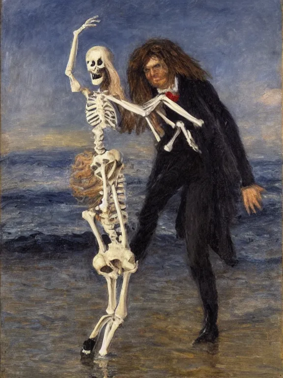 Image similar to young man's skeleton dancing with a long-haired drowned woman, pale, dark background, impressionism