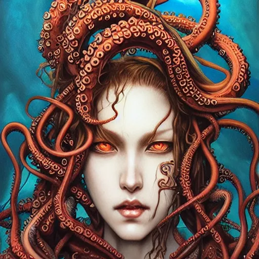 Prompt: a woman with tentacles on her head, an ultrafine detailed painting by ayami kojima, cgsociety, fantasy art, lovecraftian, cosmic horror, detailed painting