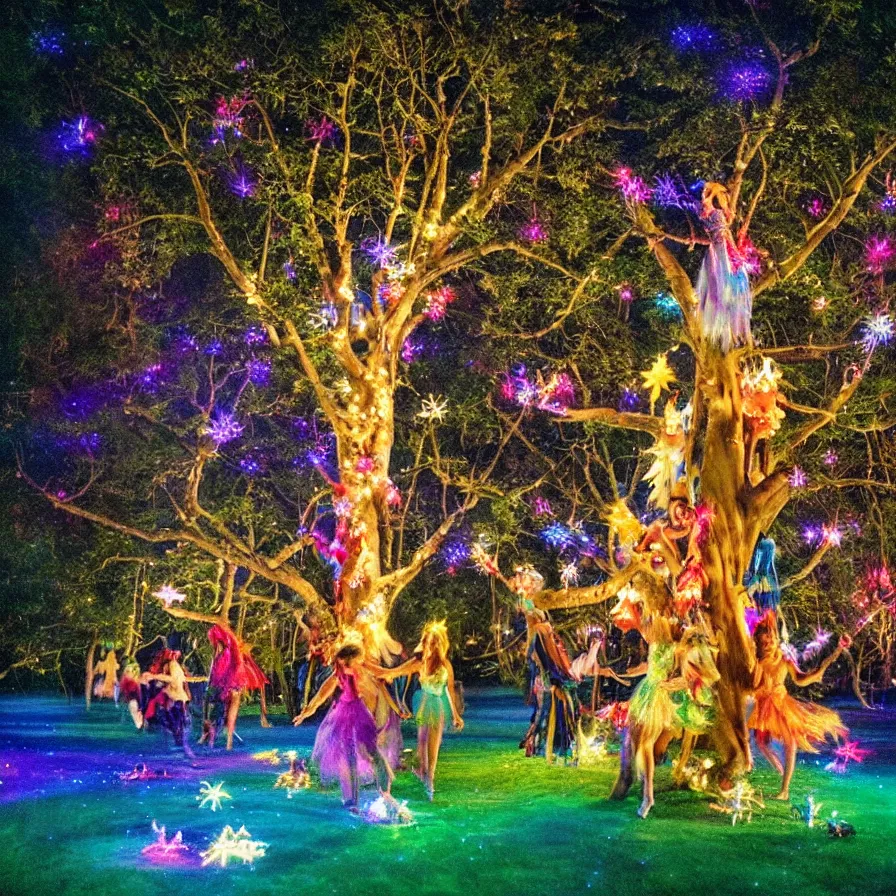 Prompt: a night carnival fairies around a magical tree next to a lake with iridiscent water, christmas lights, volumetric lightning, creatures and fantastic people disguised as fantastic creatures in a magical forest by summer night, masterpieceunderwater scene, masterpiece painted by slim aarons, scene by night