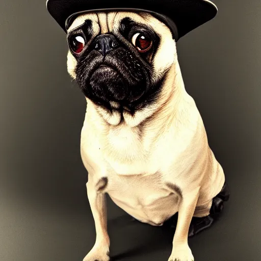 Image similar to a gentleman pug wearing a black jacket and a cap, art station