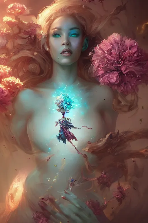 Image similar to beautiful girl necromancer covered with crystals exploding space, 3 d render, hyper realistic detailed portrait, holding magic flowers, scifi, fantasy, hyper detailed, octane render, concept art, peter mohrbacher, artgerm, ruan jia, wlop