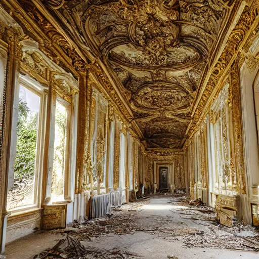 Image similar to inside opulent abandoned overgrown Palace of Versailles ,rplants growing through the floors and walls, walls are covered with vines, dusty golden volumetric light shines through giant broken windows, rich with epic details