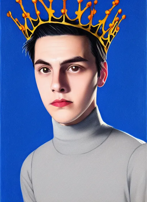 Image similar to portrait of teenage jughead jones wearing a light grey crown, crown, blue turtleneck, 1 9 5 0 s, closed eyes, photorealistic, black hair, glowing lighting, intricate, elegant, glowing lights, highly detailed, digital painting, artstation, concept art, smooth, sharp focus, illustration, art by wlop, mars ravelo and greg rutkowski