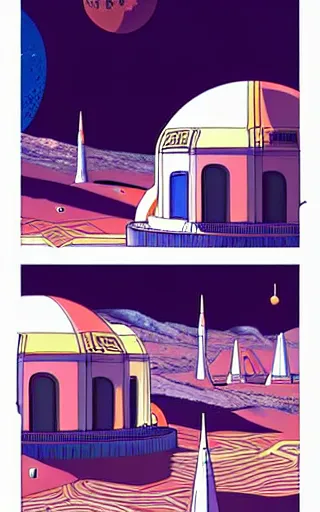 Image similar to a scifi illustration, hyper detailed external view of a lunar colony. cinematic wes anderson composition. flat colors, limited palette in FANTASTIC PLANET La planète sauvage animation by René Laloux