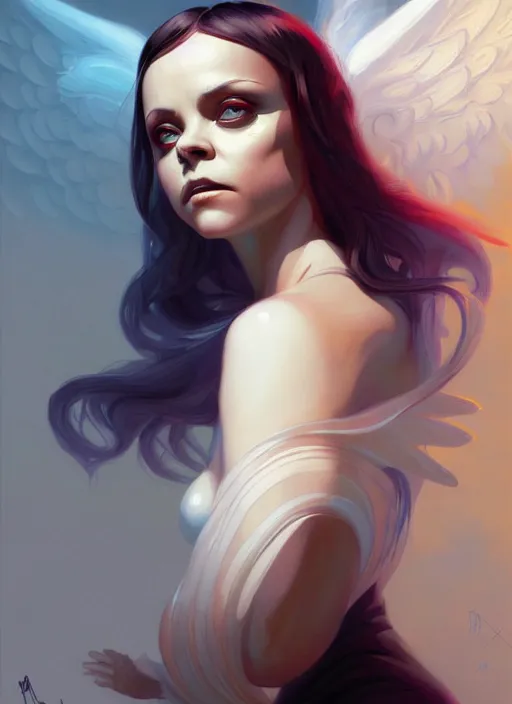 Image similar to christina ricci as an angel, backround dark, highly detailed, digital illustration, trending in artstation, modern painting, smooth, sharp focus, intricate, by peter mohrbacher