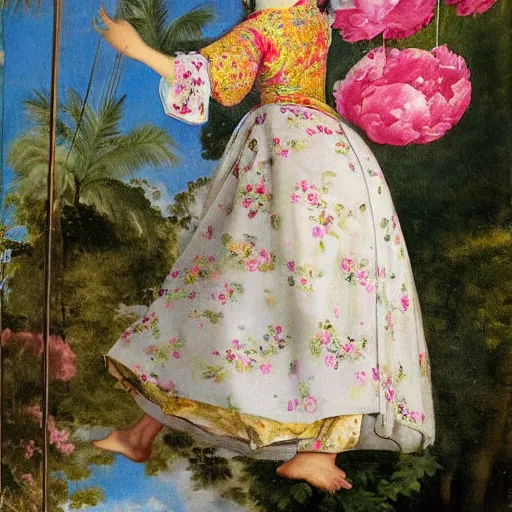 Image similar to A women in a peony dress swings on a flower swing in Bali style by velasquez