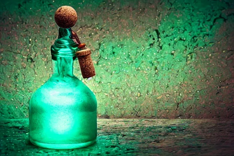 Prompt: small potion with a cork top filled with a green and turquoise gradient liquid, magical potion, glowing liquid, fantasy, on a desk, old film photo