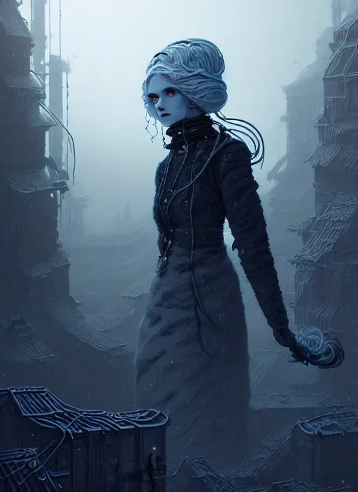 Prompt: highly detailed portrait of a frostpunk long curly white hair tribal lady, stray wiring by atey ghailan, james gilleard, by joe fenton, by greg rutkowski, by greg tocchini, by kaethe butcher, 4 k resolution, gradient blue, black and white color scheme!!! ( ( glaciated robotic dystopian city background ) )