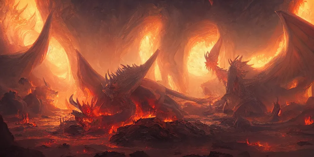 Image similar to dreams of a Christian met with fire and flames, plus some dragons, Greg Rutkowski, psychedelic trippy art