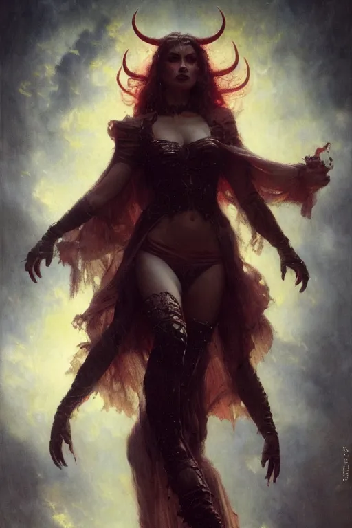 Image similar to a full body portrait of devil demon girl wearing devil clothes, high detail, cleary see face, by gaston bussiere, bayard wu, greg rutkowski, odd nerdrum, maxim verehin, dan dos santos, masterpiece, sharp focus, cinematic lightning