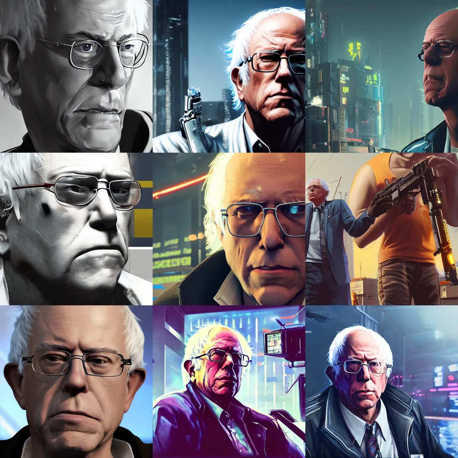 Prompt: Bernie Sanders, as a character from Cyberpunk 2077, looking at camera, intricate, sci-fi, extremely detailed, cartoon, artstation