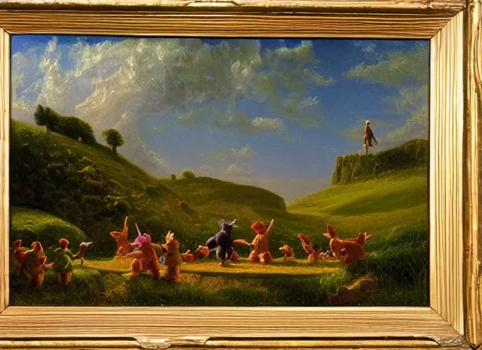 Image similar to american realist romanticism landscape painting of teletubbies in the style of hudson river school and thomas cole and albert bierstadt and robert duncanson