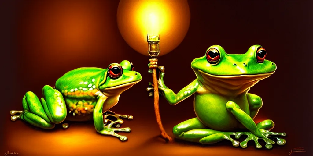 Image similar to a frog holding a lamp by justin gerard, concept art, creature design