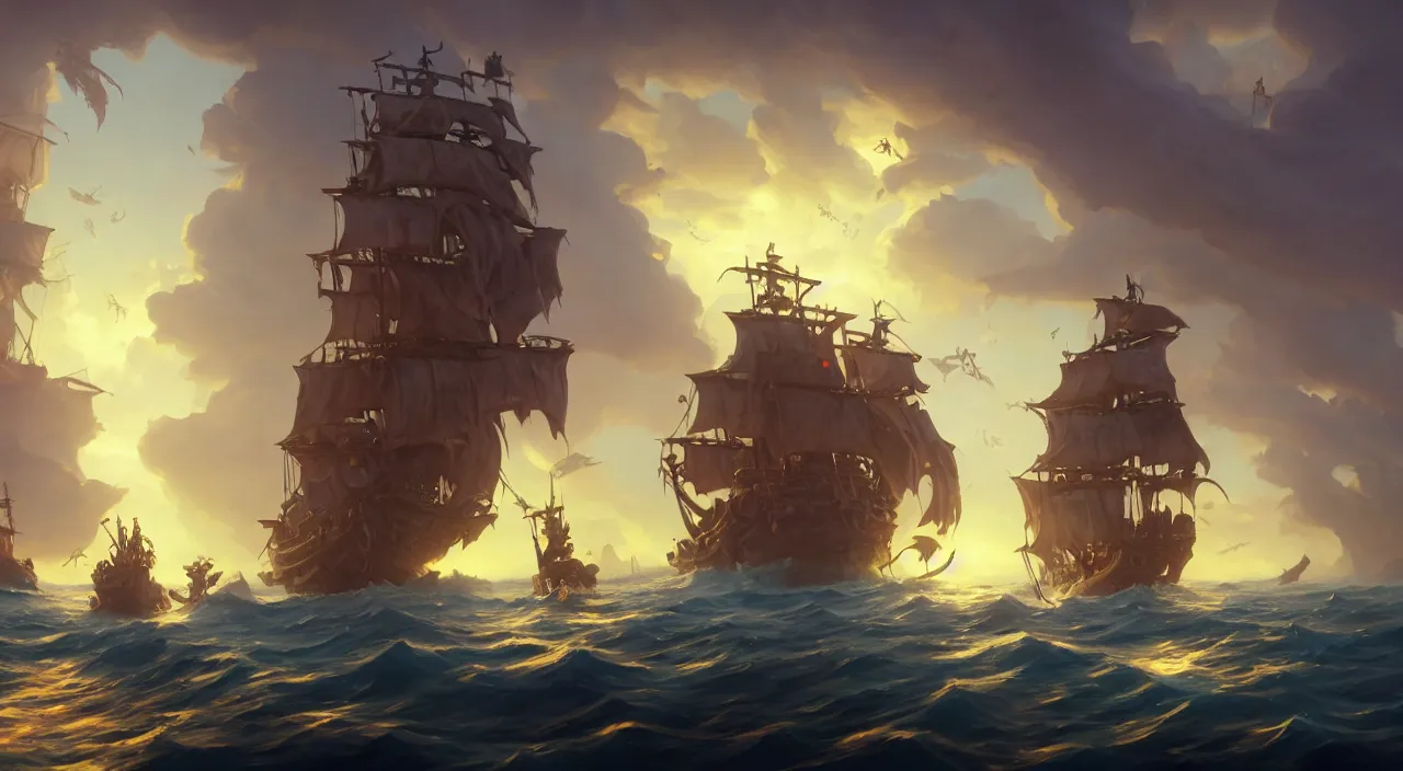 Prompt: pirates on a ghost ship with the Jolly Roger flag in the ocean, volumetric lighting, fantasy art overwatch and heartstone video game icon, a detailed matte painting, by RHADS, cgsociety, fantasy art, matte painting, artstation hq, matte drawing, by makoto shinkai and Beeple Jorge Jacinto ,Tyler Edlin, philipsue on artstation