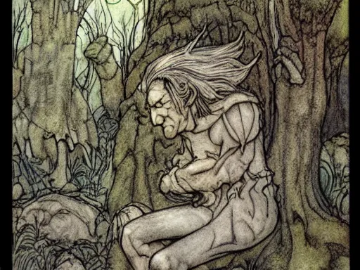 Image similar to troll in a forest by arthur rackham and by Tony DiTerlizzi and by brian froud