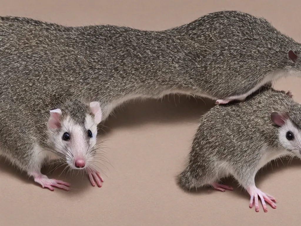 Prompt: “photorealistic 4k opossum carting degus on its back”