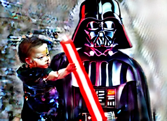 Prompt: hyperrealistic mixed media fine art painting of darth vader with red lightsaber drawn about to battle a cute baby, stunning 3d render inspired art by WLOP and Artgerm and Greg Rutkowski and Alphonse Mucha + perfect facial symmetry + dim volumetric lighting, 8k octane beautifully detailed render, post-processing, extremely hyperdetailed, epic composition, grim yet sparkling atmosphere, cinematic lighting + masterpiece, trending on artstation