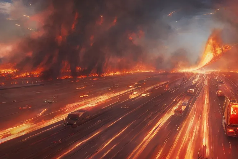 Image similar to a fire tornado going through the las vegas strip, matte painting, long shot, concept art, wide shot, digital art, trending on artstation, 4 k, extremely detailed, realistic, midday, warm colors, golden sunlight, by greg rutkowski, cinematic, epic