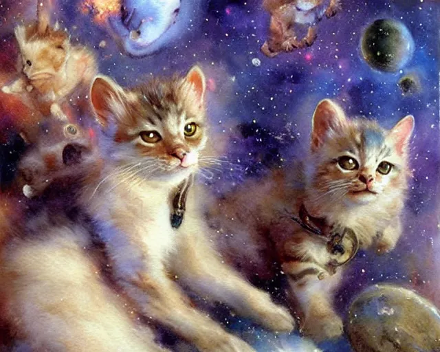 Image similar to cute space kittens, watercolor painting by gaston bussiere, craig mullins, j. c. leyendecker