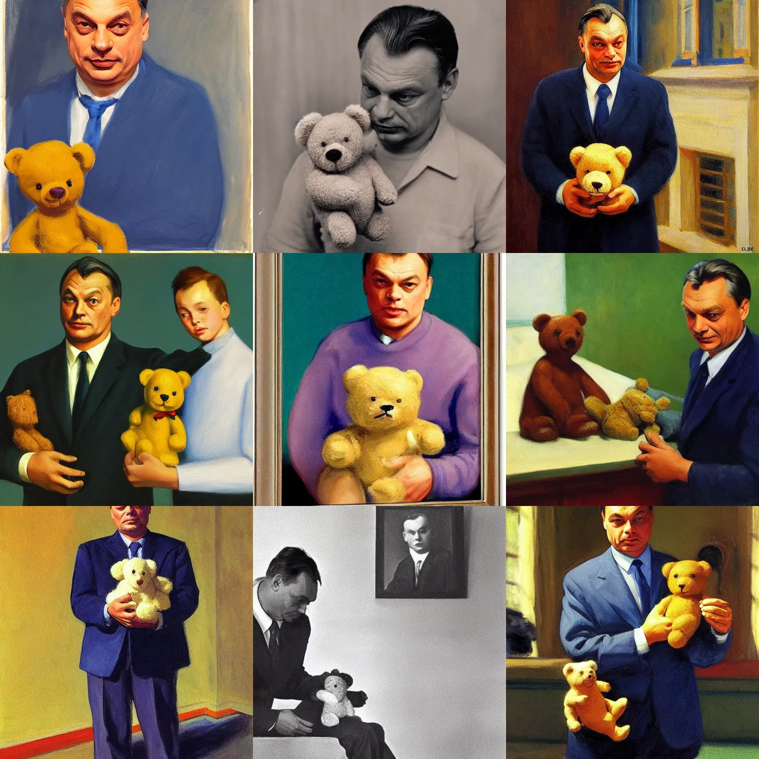 Prompt: viktor orban holding a teddy bear by edward hopper