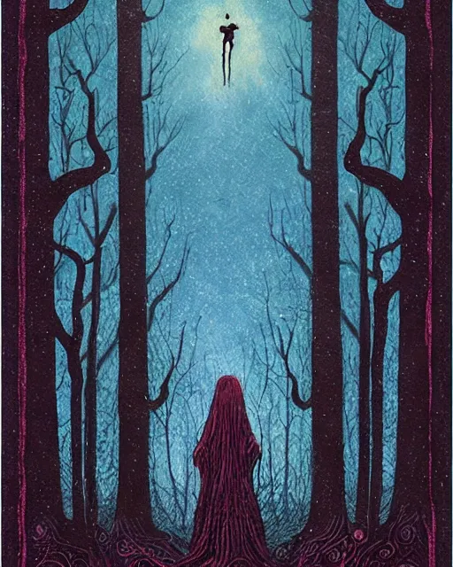 Prompt: tarot card, haunted woods, Art nouveau, by andy kehoe