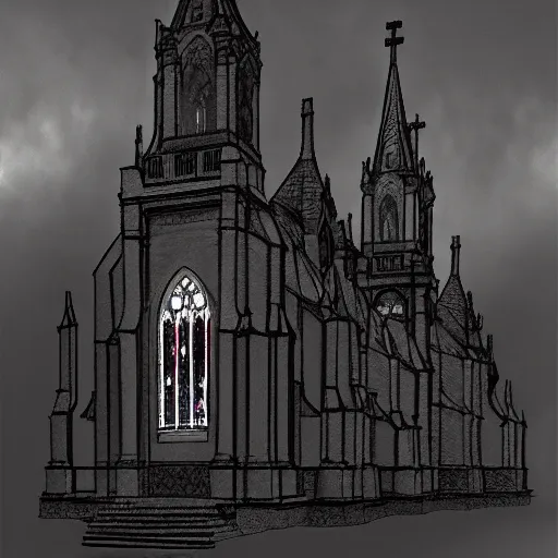 Image similar to victorian church in the middle of the city, dark, misty, at night, 8 k, detailed, concept art, trending on artstation