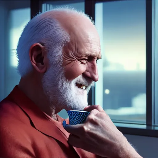 Prompt: hide the pain harold ; cinematic screenshot ; crisp sharp focus ; ultra realistic, concept art, intricate details, cool forced smile at office with cup in hand, highly detailed, photorealistic, octane render, 8 k, unreal engine. art by artgerm and greg rutkowski and charlie bowater and magali villeneuve and alphonse mucha