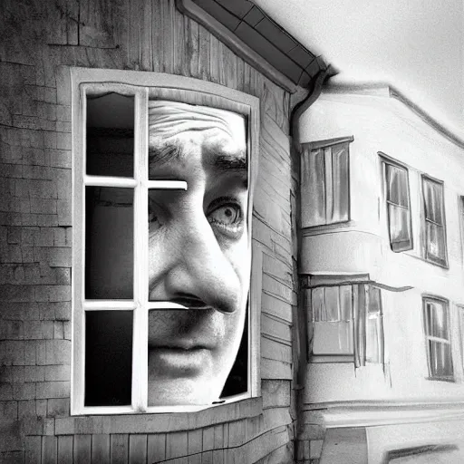 Image similar to the man in the window won’t stop staring, large eyes, wide grin, digital art, horror frightening