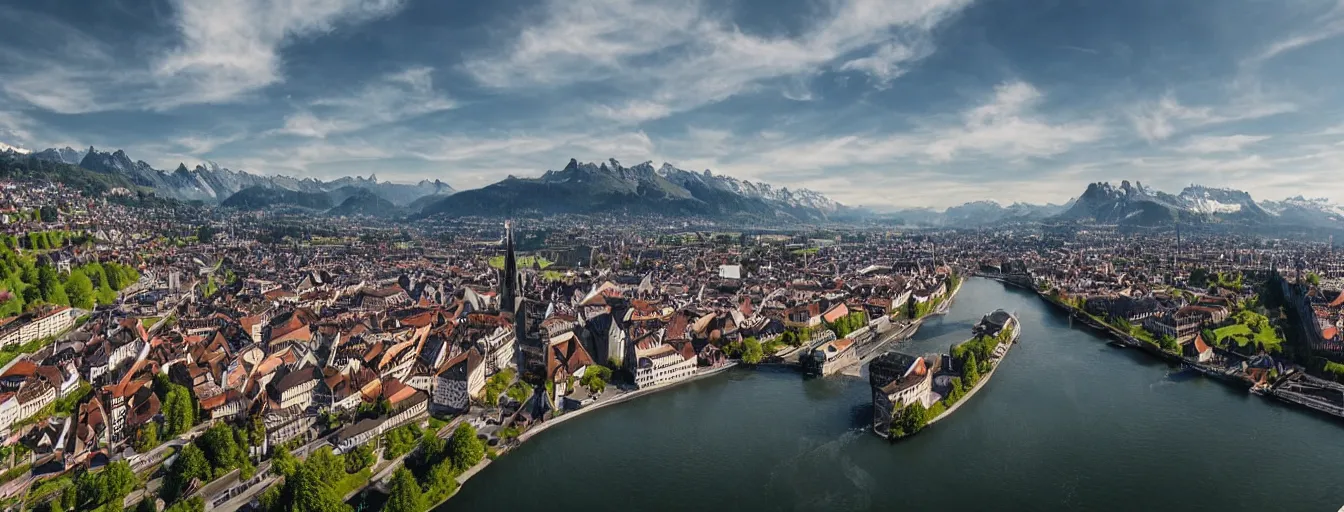 Prompt: Photo of Zurich, looking down the river at the lake and the alps, Hardturm, Grossmünster, wide angle, citypunk, volumetric light, hyperdetailed, mountain water, artstation, cgsociety, 8k